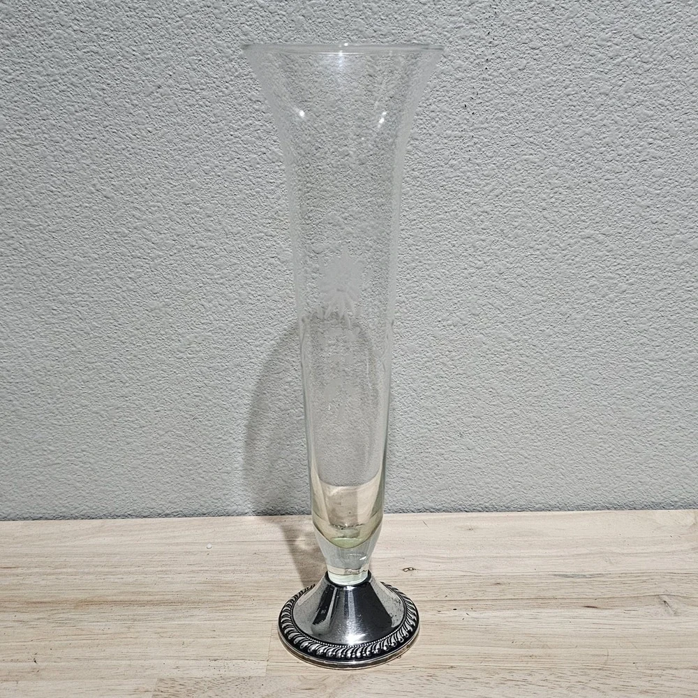 Vintage Sterling Silver Etched Glass Bud Vase Duchin 9.5 inches Floral Design